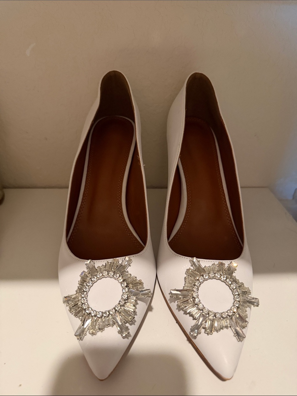 Aminda Muaddi inspired White Pointed Toe Pumps with Crystal Embellishment